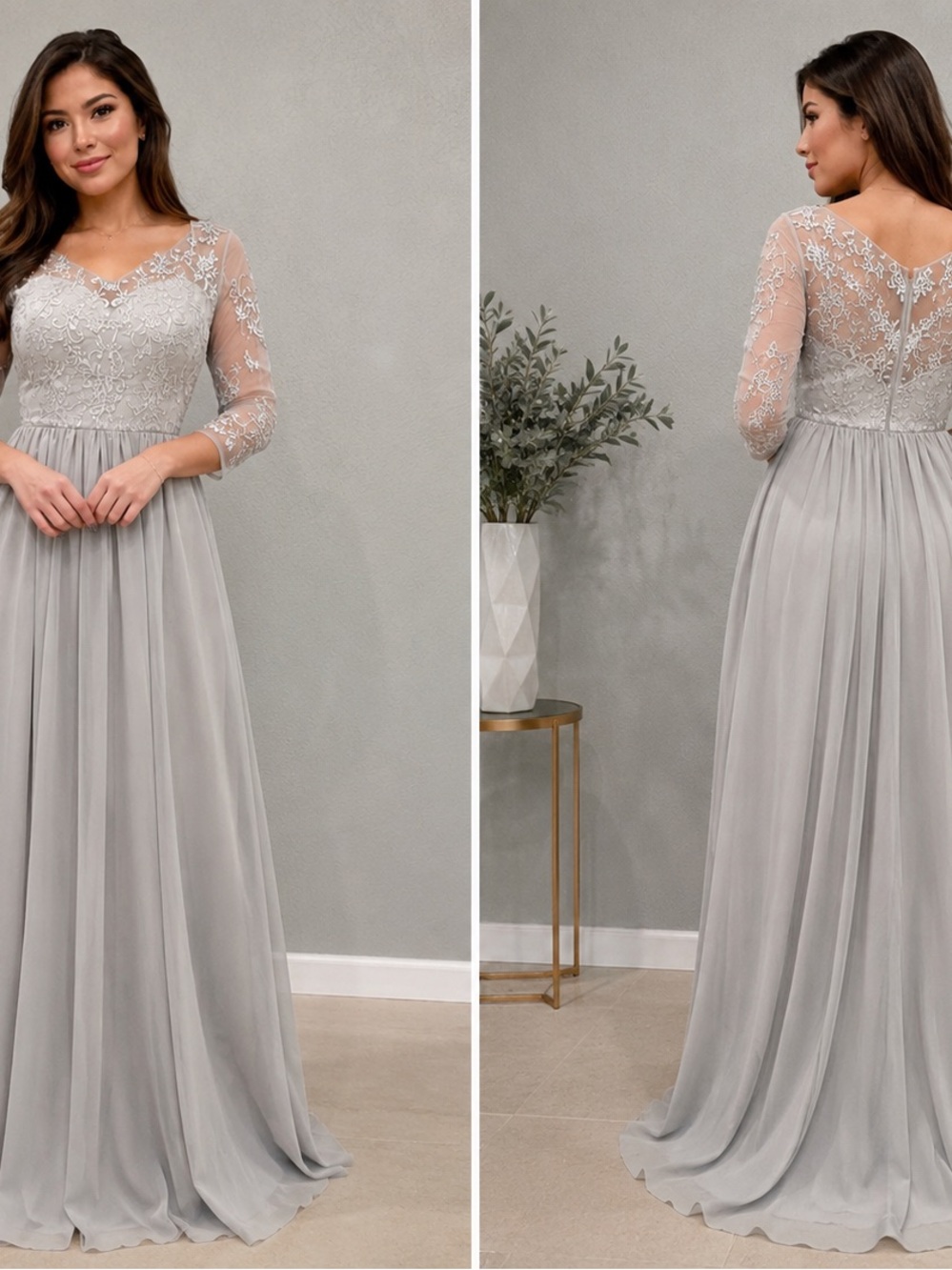 Elegant Gray Lace Long Sleeve Formal Gown ✨